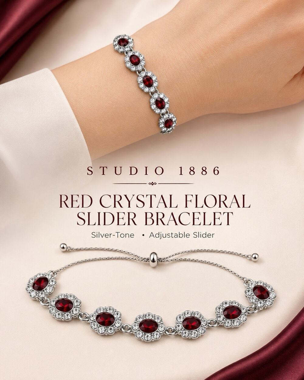 Studio 1886 Silver Tone Adjustable Slide Bracelet Red Oval Halo